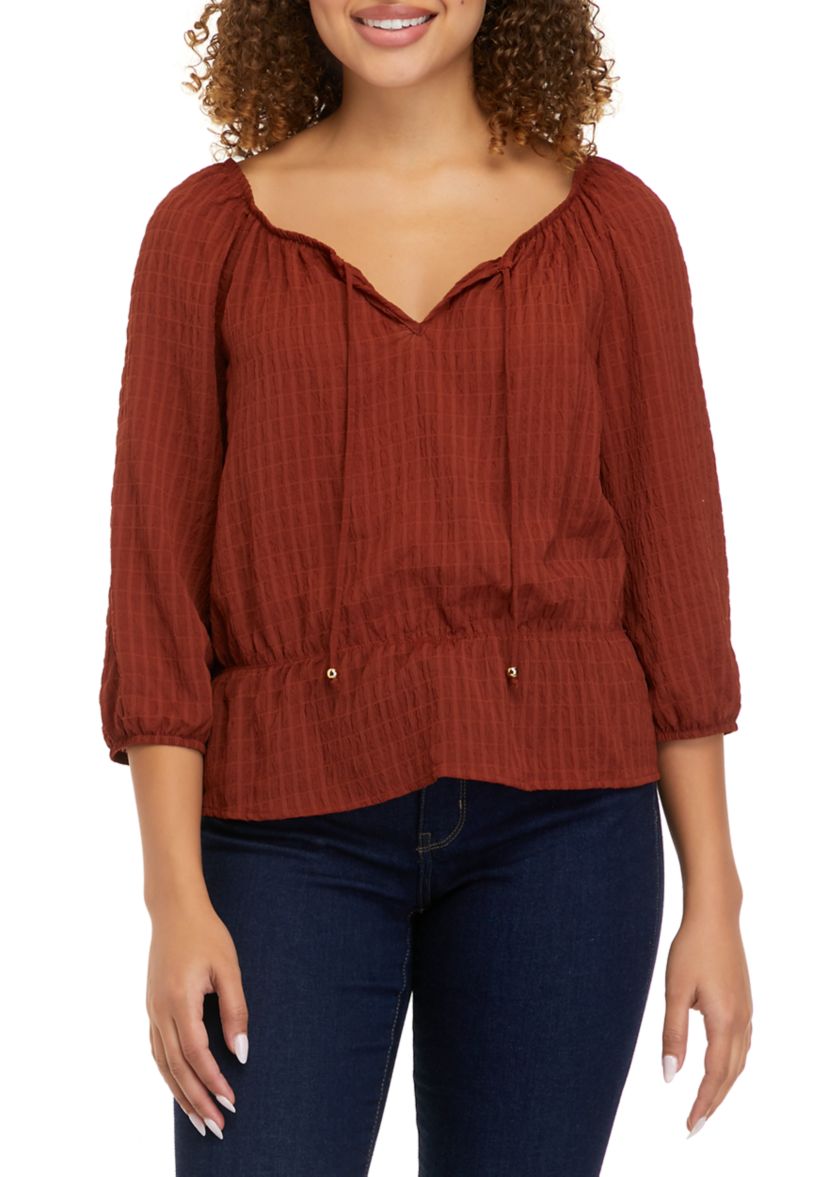 Juniors 3/4 Sleeve Solid Texture Smocked Bottom Top