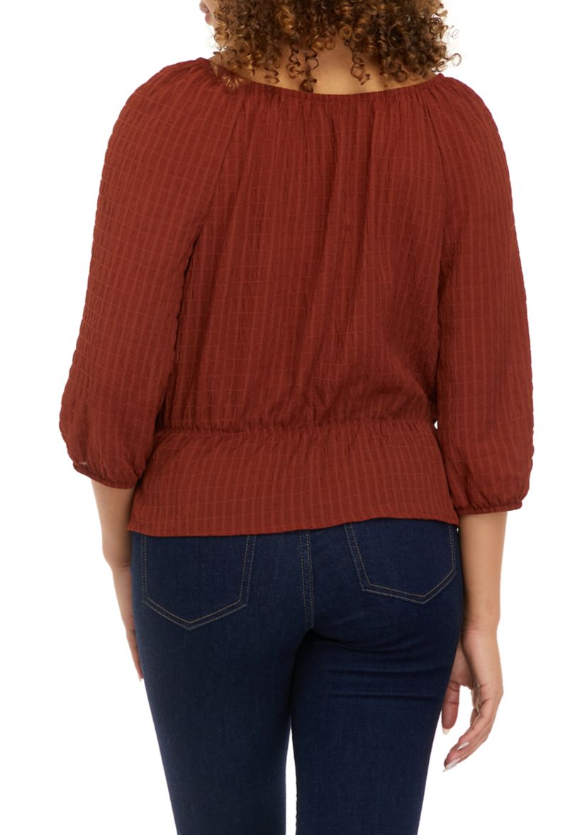 Juniors 3/4 Sleeve Solid Texture Smocked Bottom Top