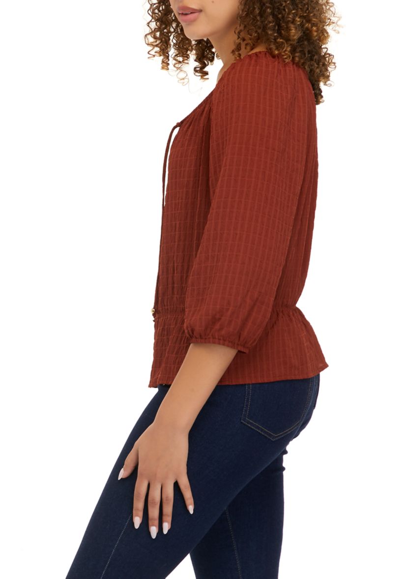 Juniors 3/4 Sleeve Solid Texture Smocked Bottom Top
