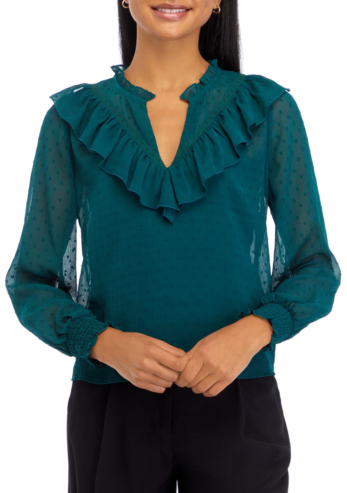 Womens Clip Dot Ruffle Woven Blouse