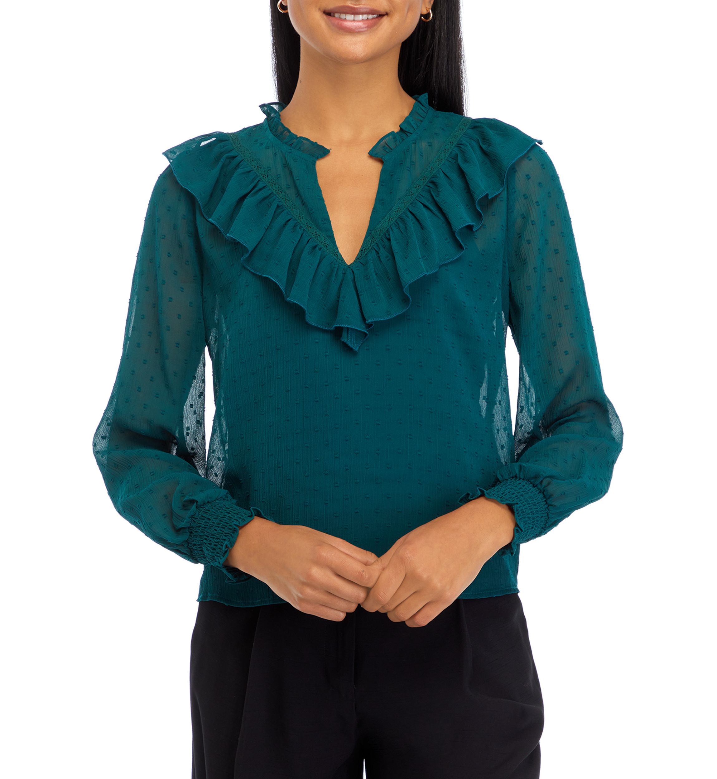 Womens Clip Dot Ruffle Woven Blouse