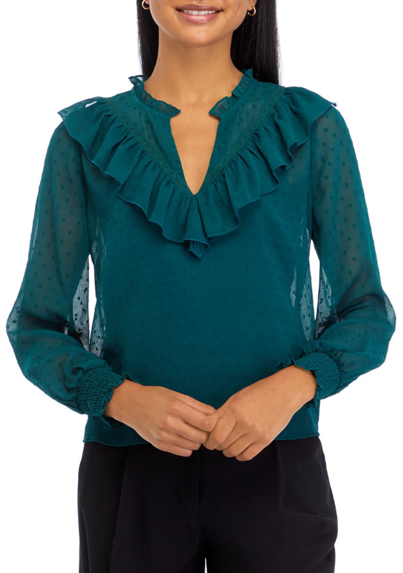 Womens Clip Dot Ruffle Woven Blouse