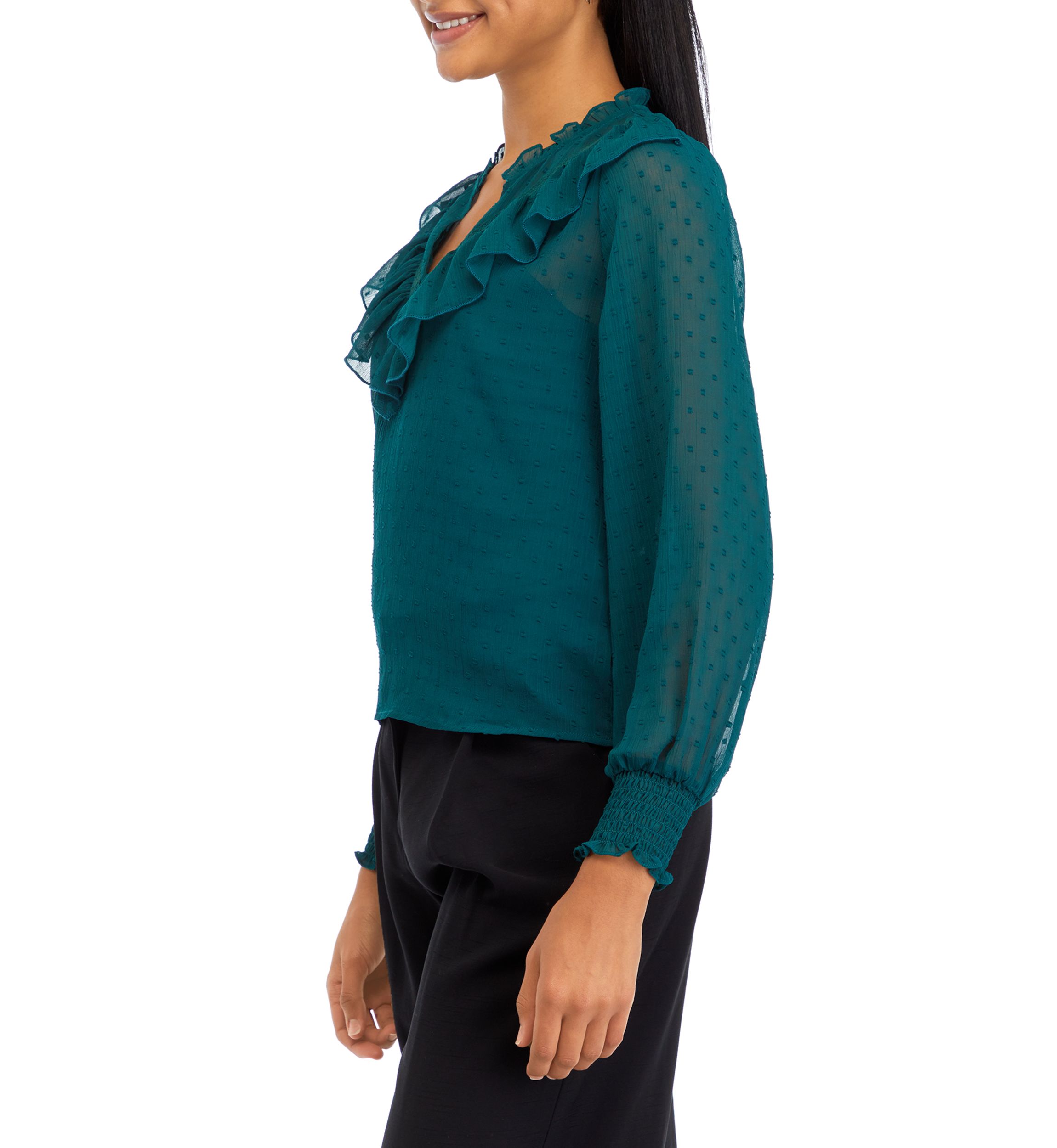 Womens Clip Dot Ruffle Woven Blouse