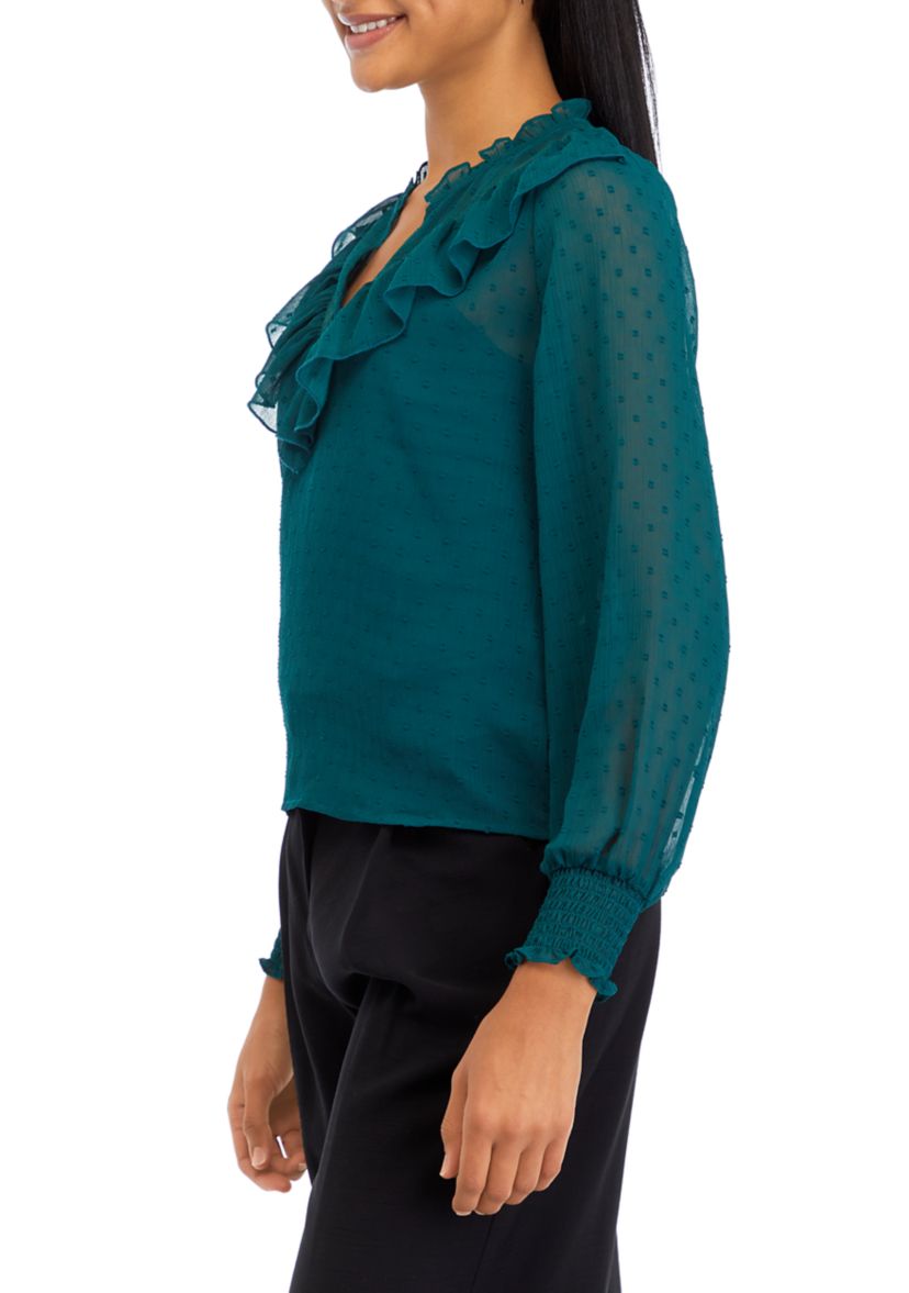 Womens Clip Dot Ruffle Woven Blouse