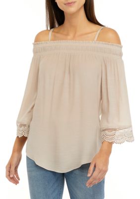 Juniors' Off Shoulder Crochet Trim Top