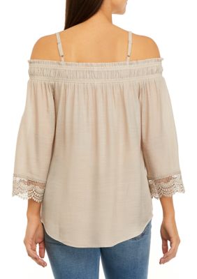 Juniors' Off Shoulder Crochet Trim Top