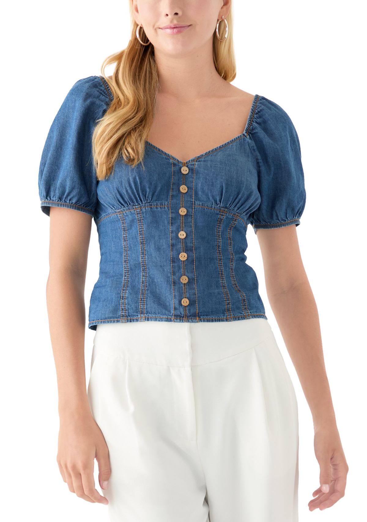 Womens Short Puff Sleeve Woven Denim Top