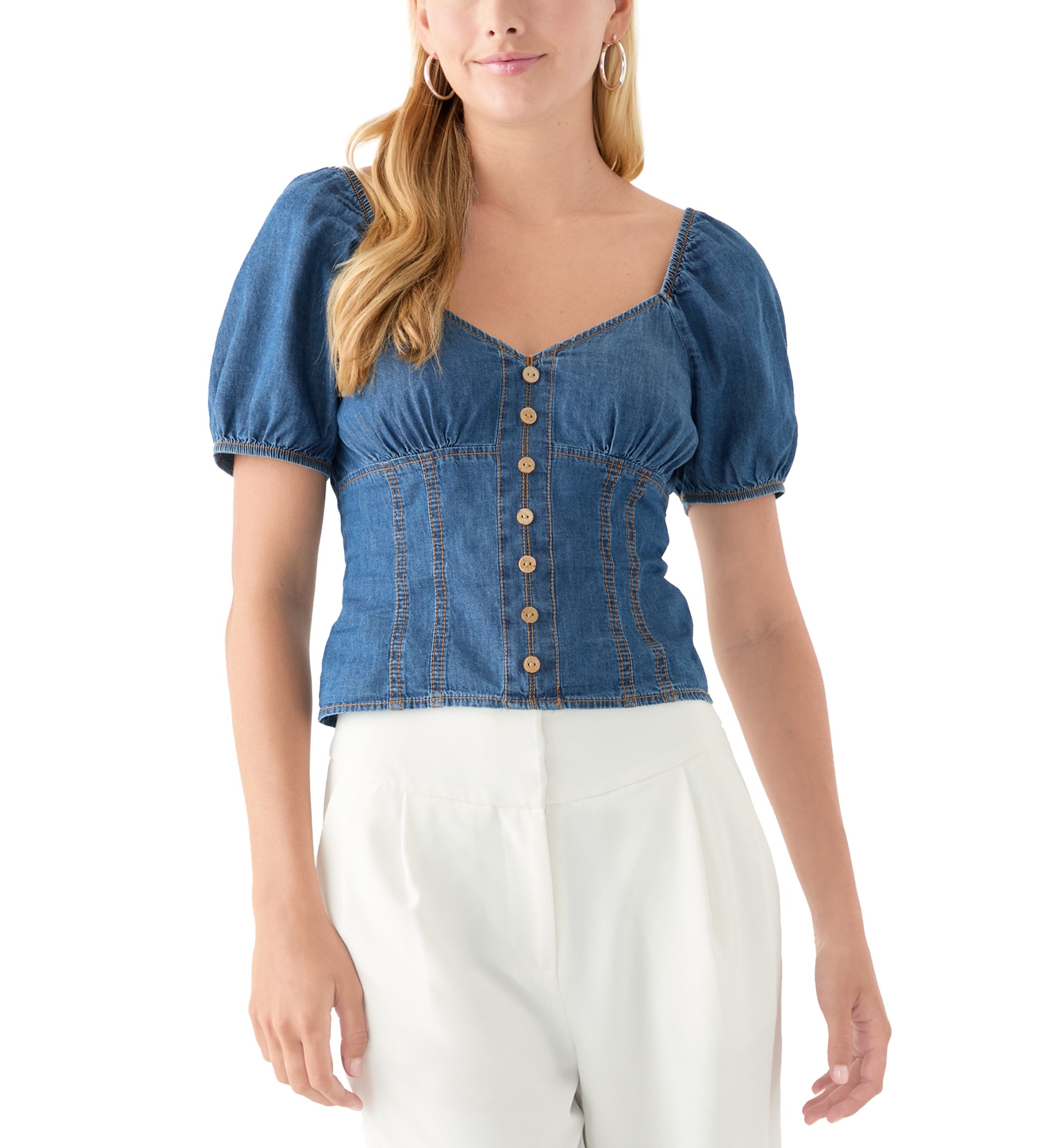 Womens Short Puff Sleeve Woven Denim Top
