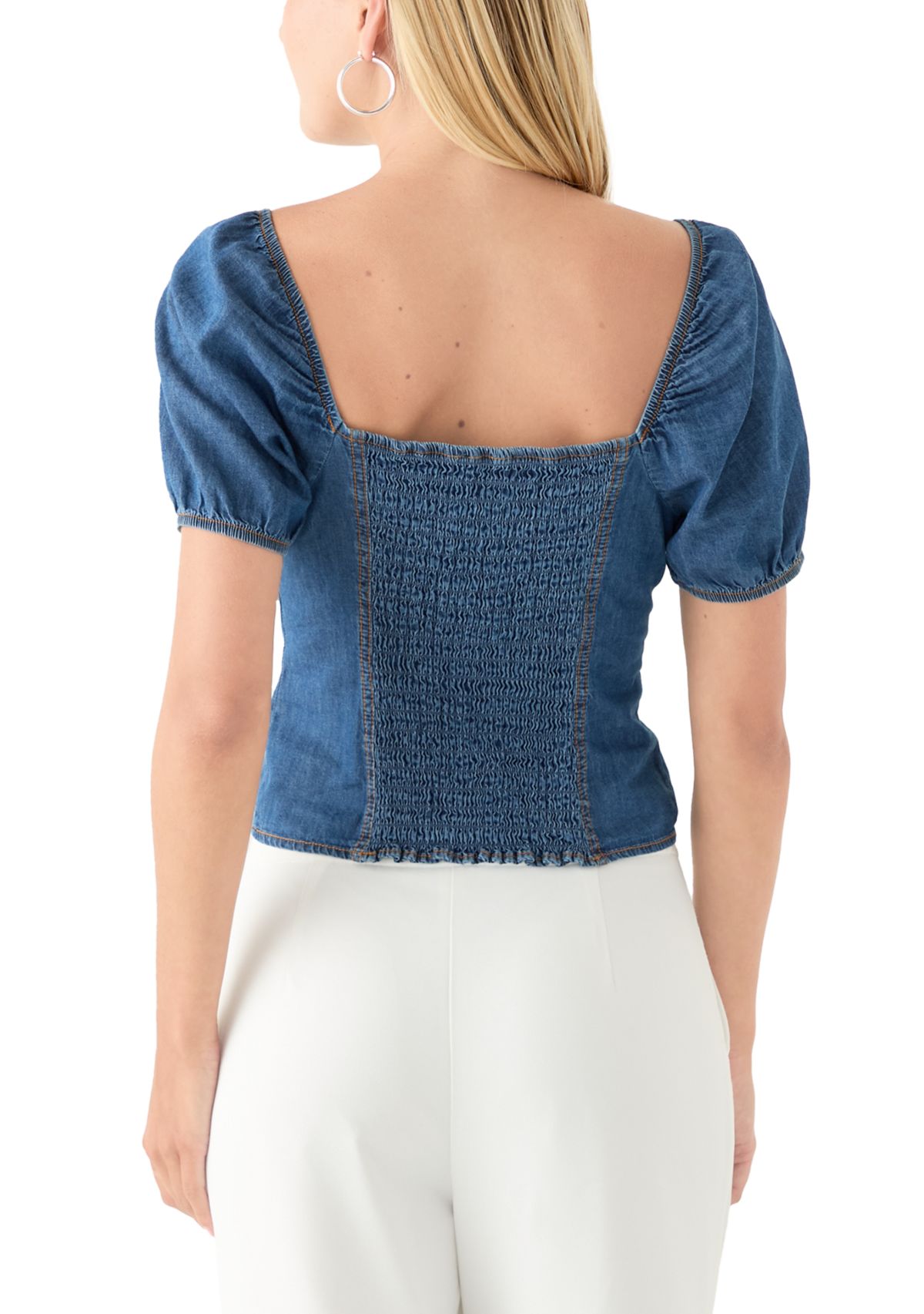 Womens Short Puff Sleeve Woven Denim Top