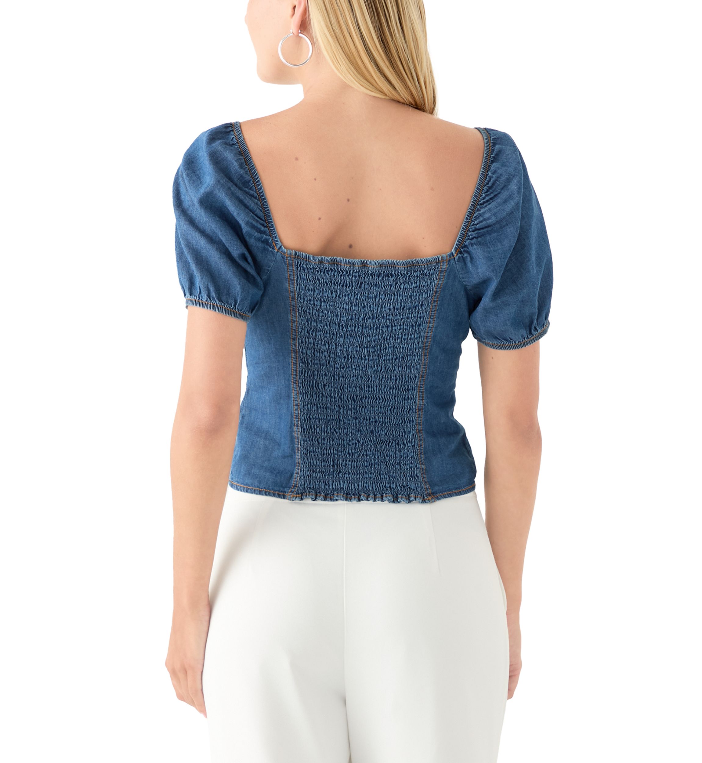 Womens Short Puff Sleeve Woven Denim Top