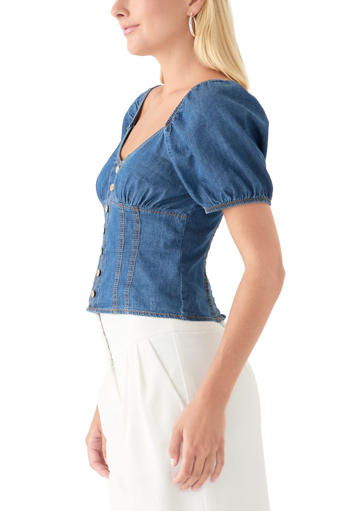 Womens Short Puff Sleeve Woven Denim Top