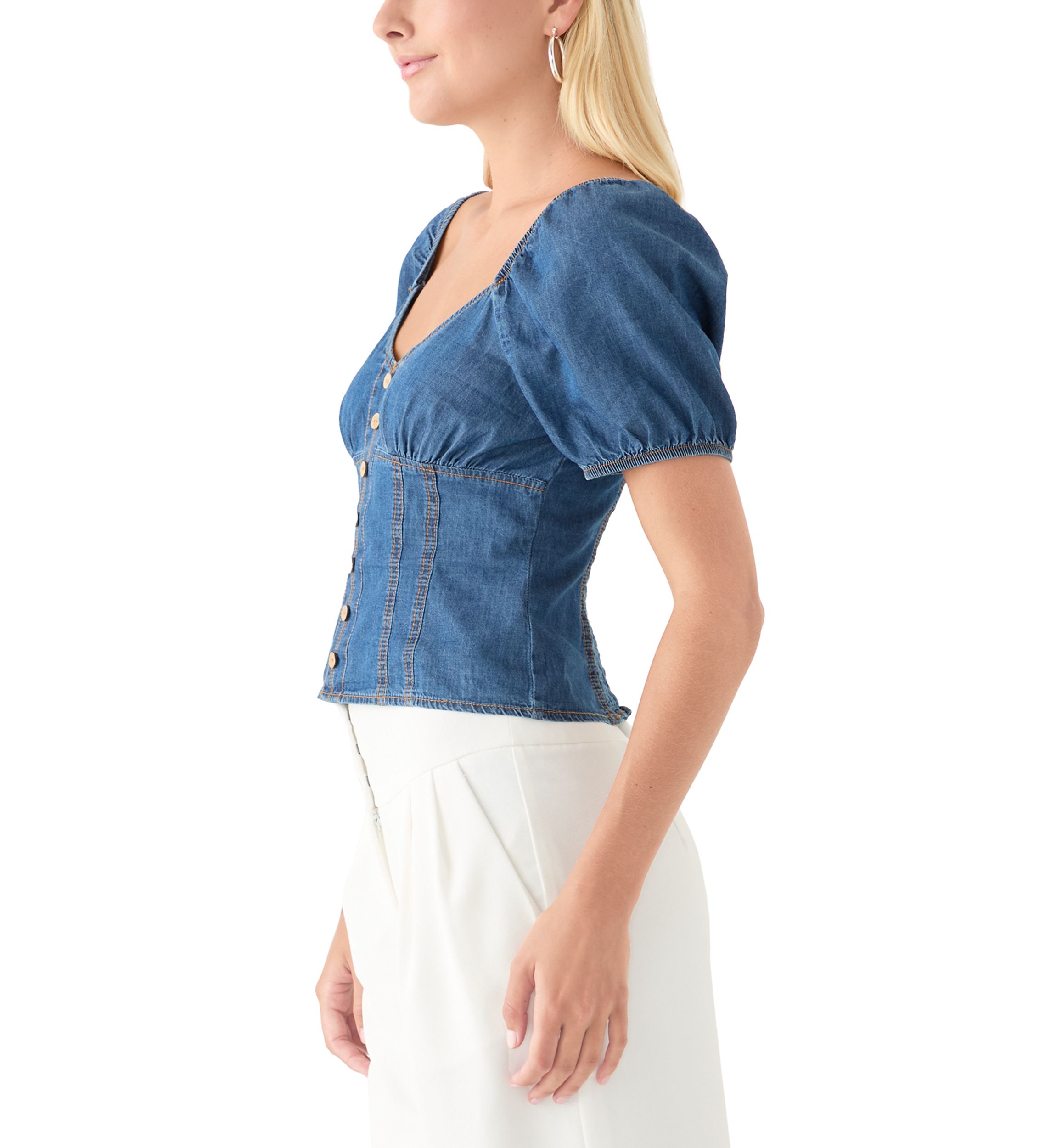 Womens Short Puff Sleeve Woven Denim Top