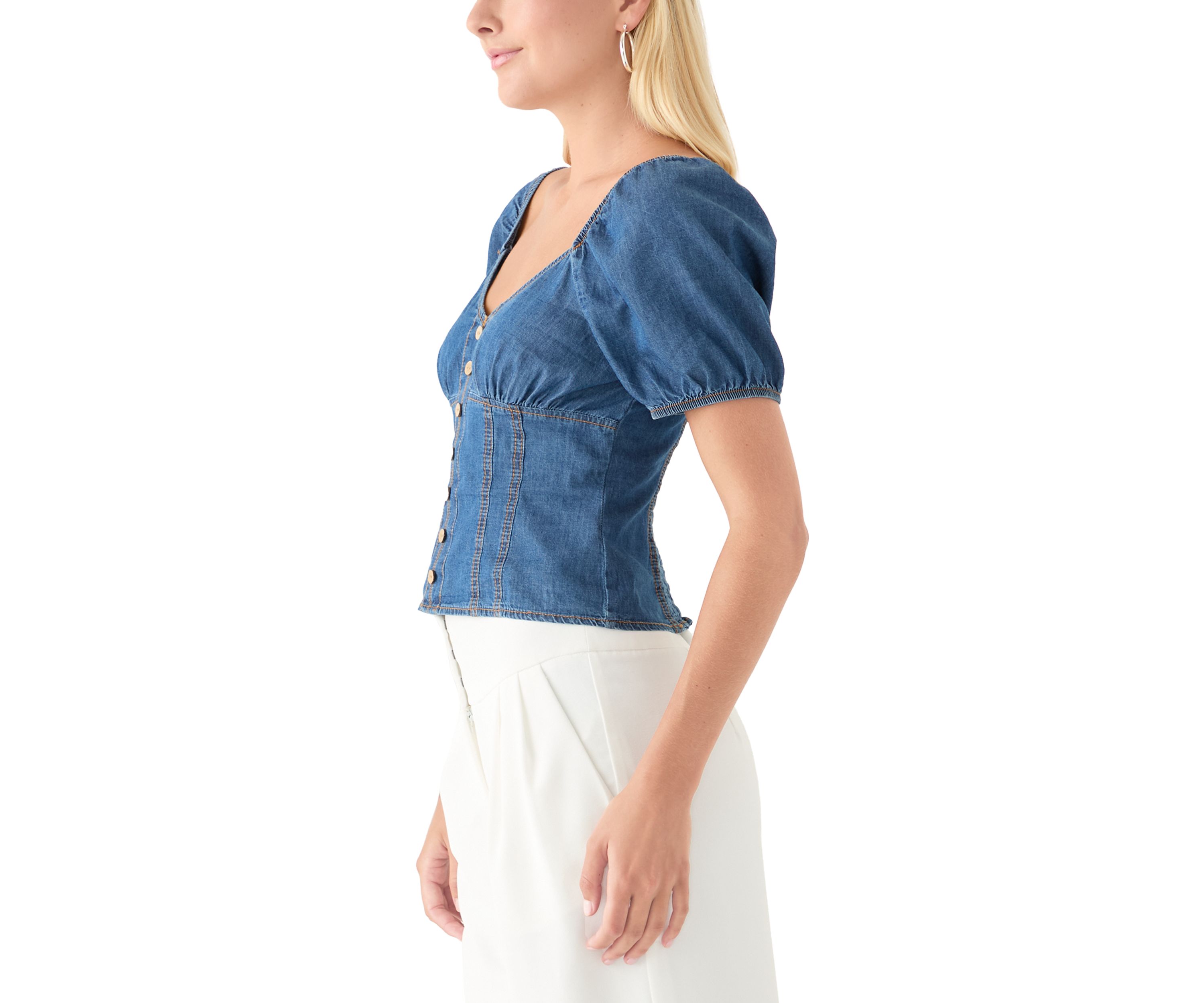Juniors Short Puff Sleeve Woven Denim Top