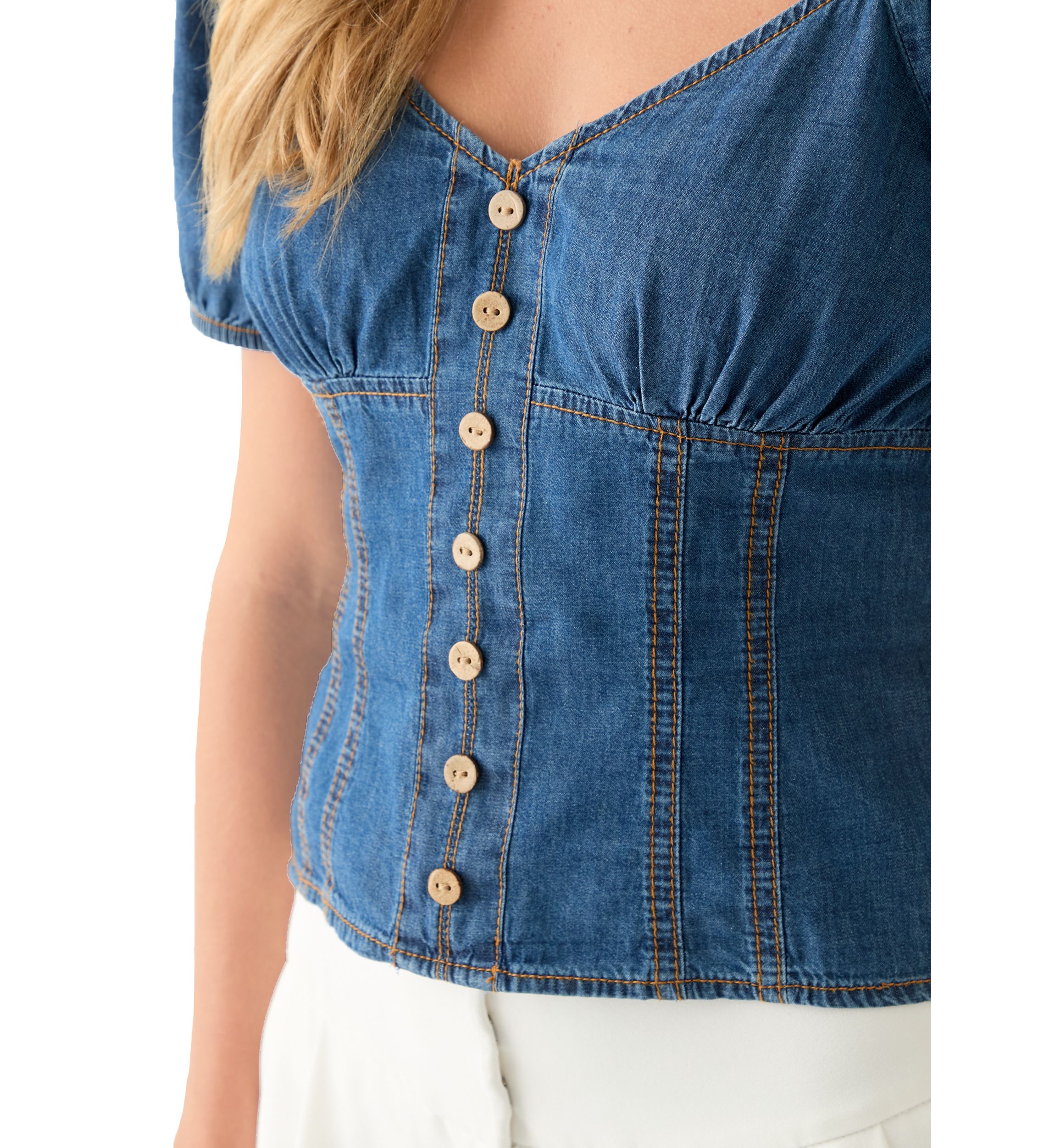 Womens Short Puff Sleeve Woven Denim Top