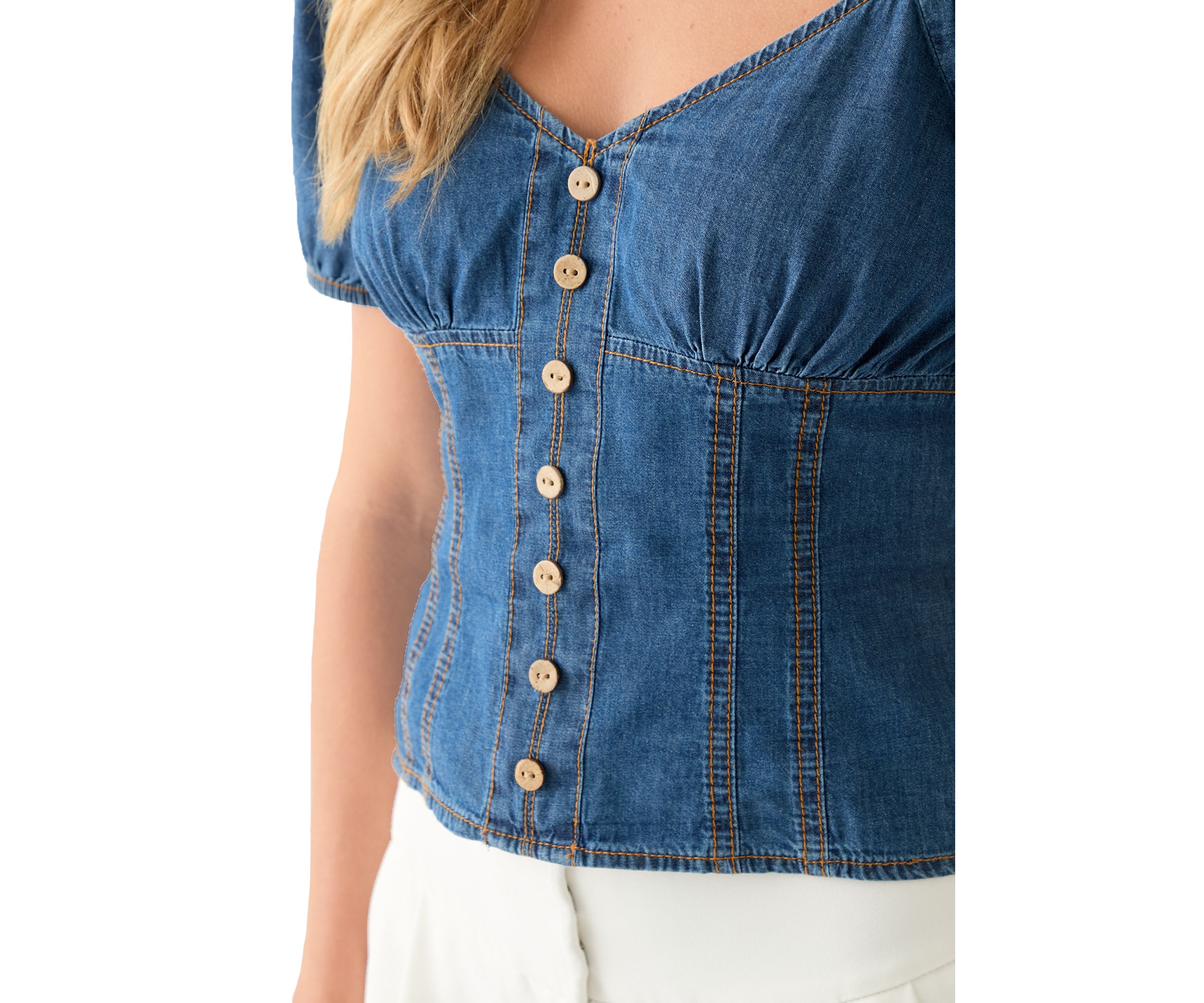 Juniors Short Puff Sleeve Woven Denim Top