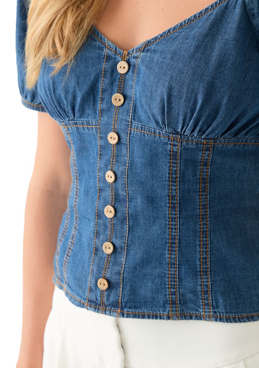 Juniors Short Puff Sleeve Woven Denim Top