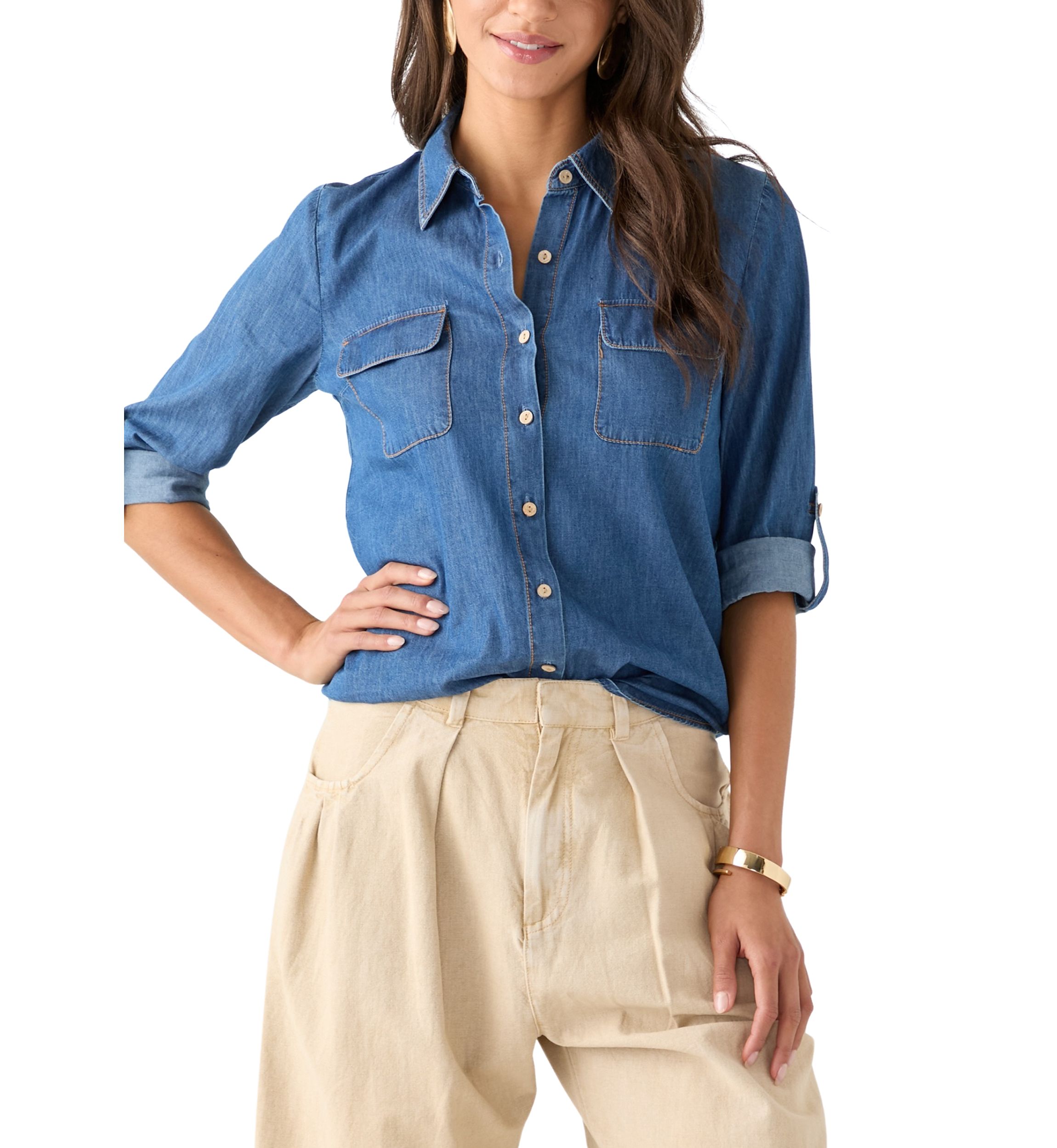 Portofino 3/4 Sleeve Woven Denim Top 