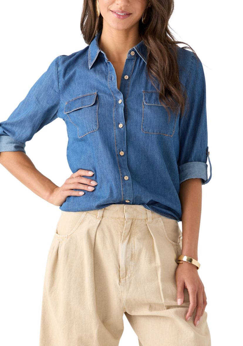  Portofino 3/4 Sleeve Woven Denim Top 