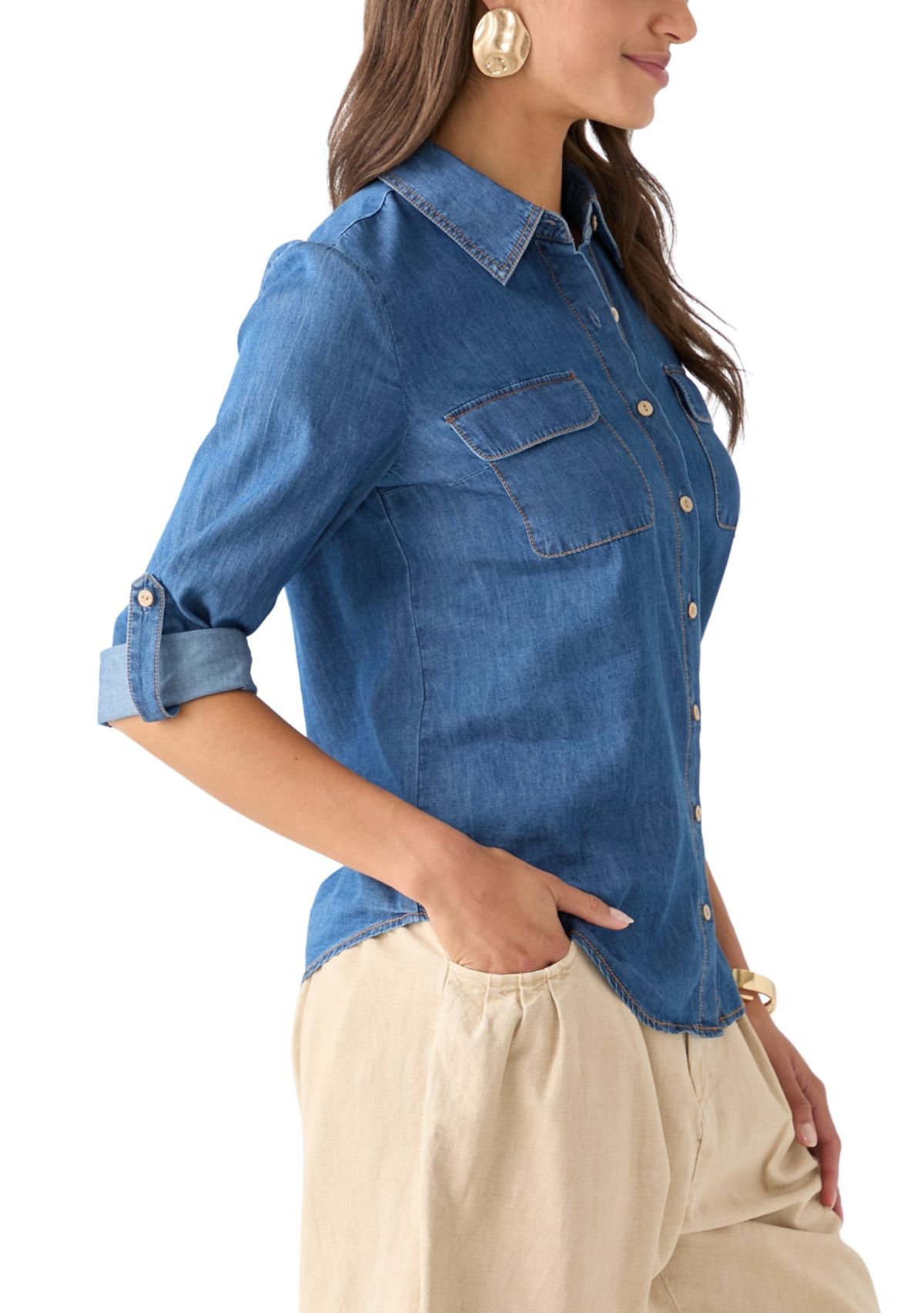  Portofino 3/4 Sleeve Woven Denim Top 