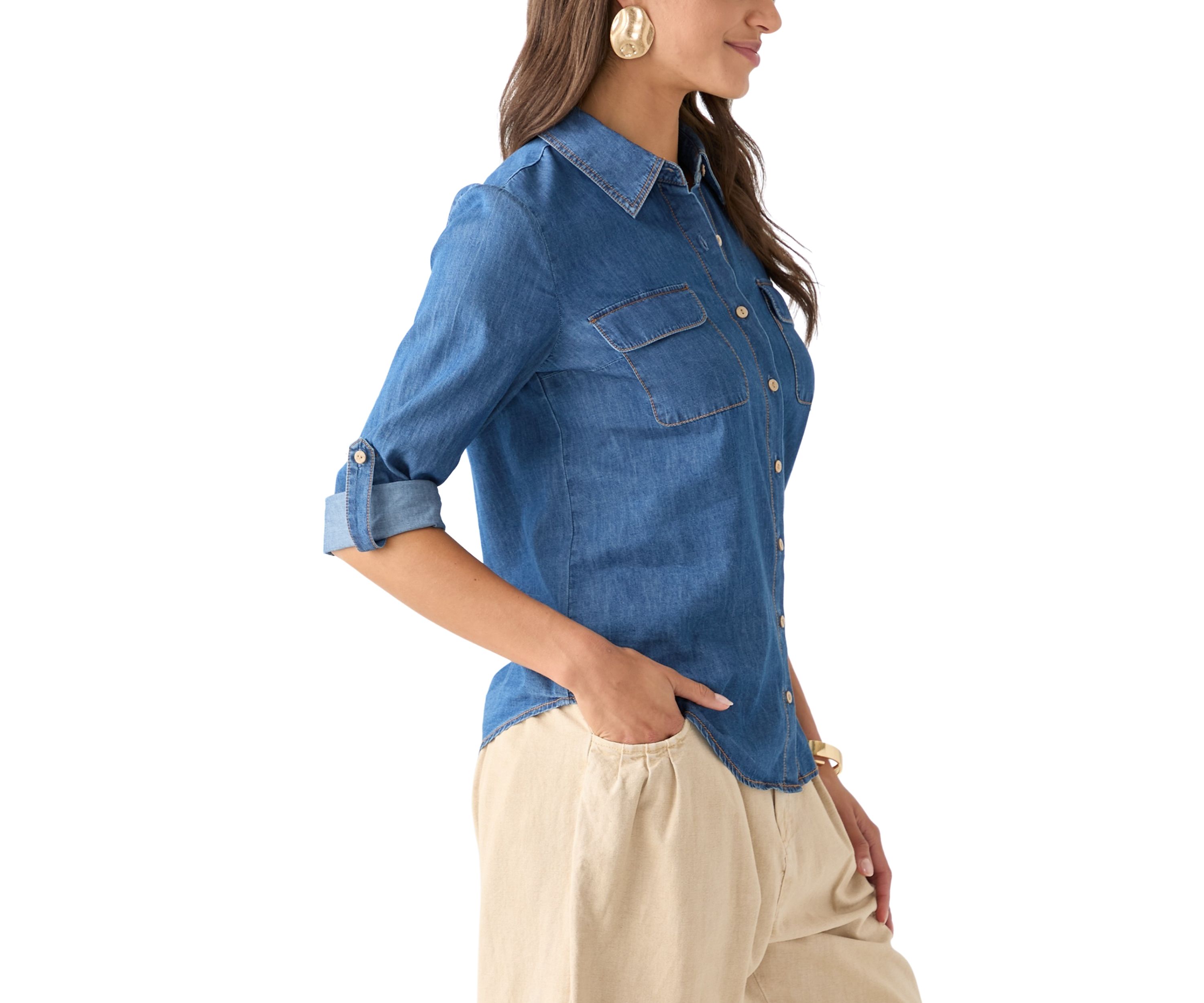  Portofino 3/4 Sleeve Woven Denim Top 