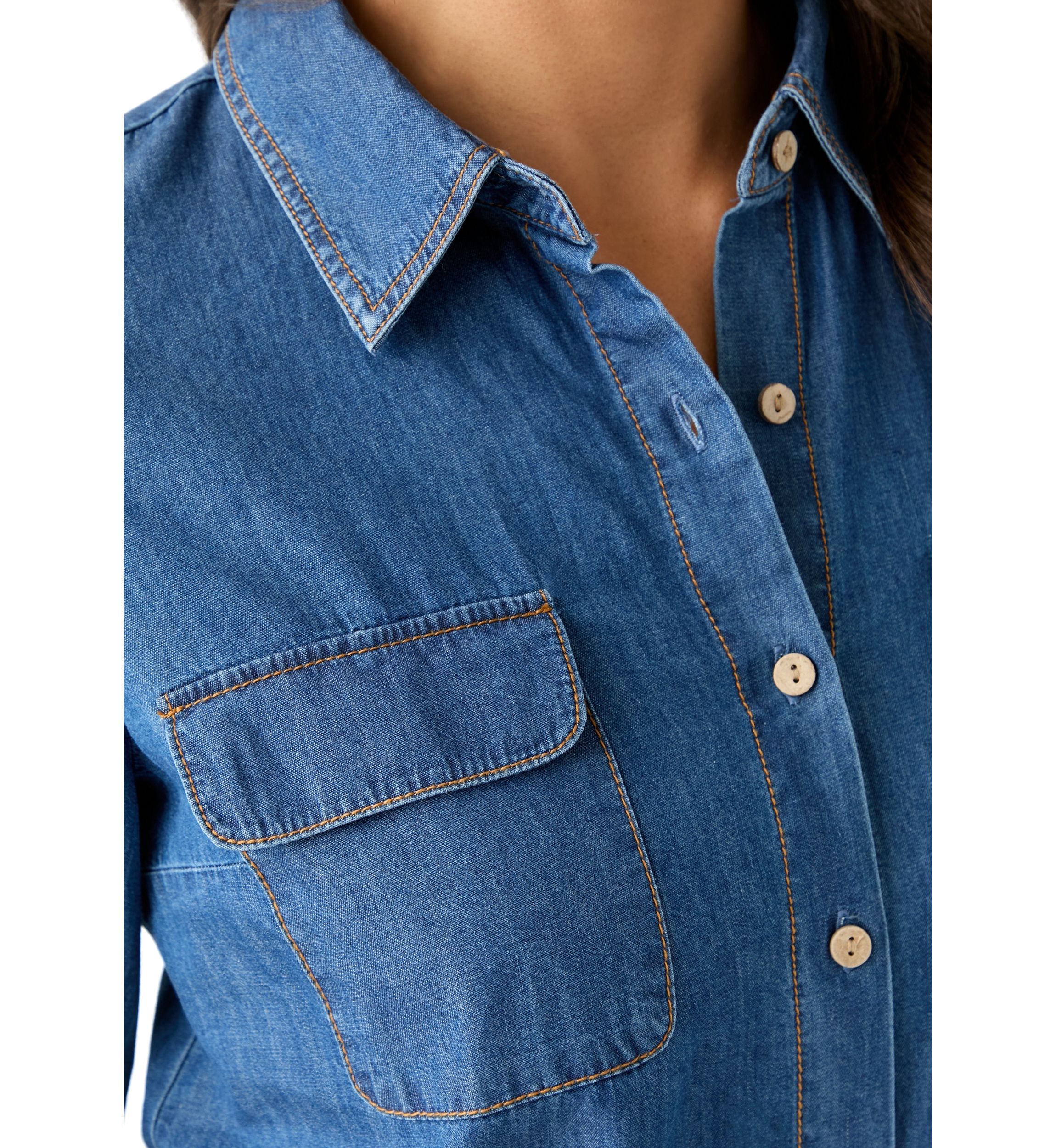  Portofino 3/4 Sleeve Woven Denim Top 