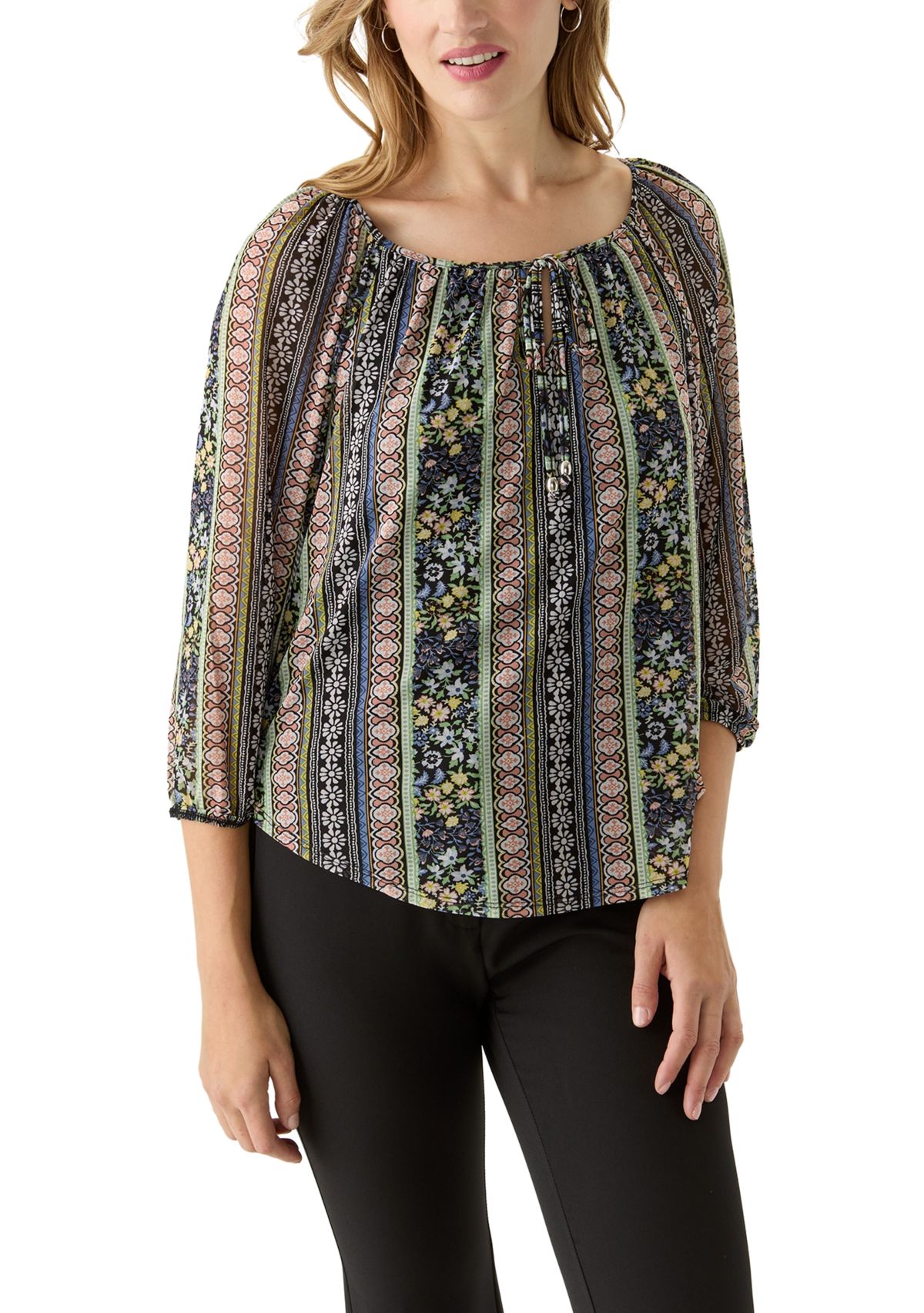 Juniors Mesh Printed Peasant Top