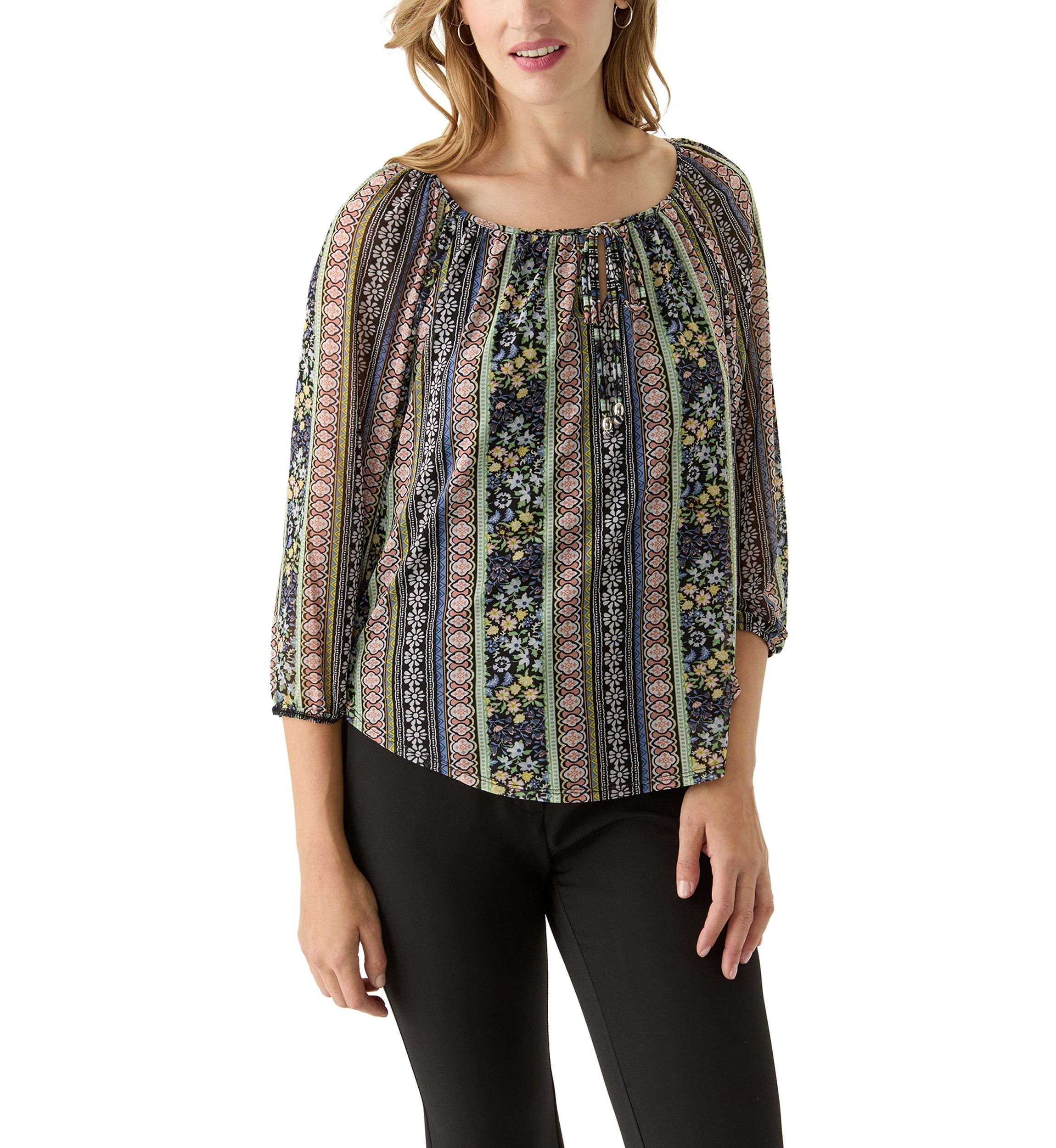 Juniors Mesh Printed Peasant Top