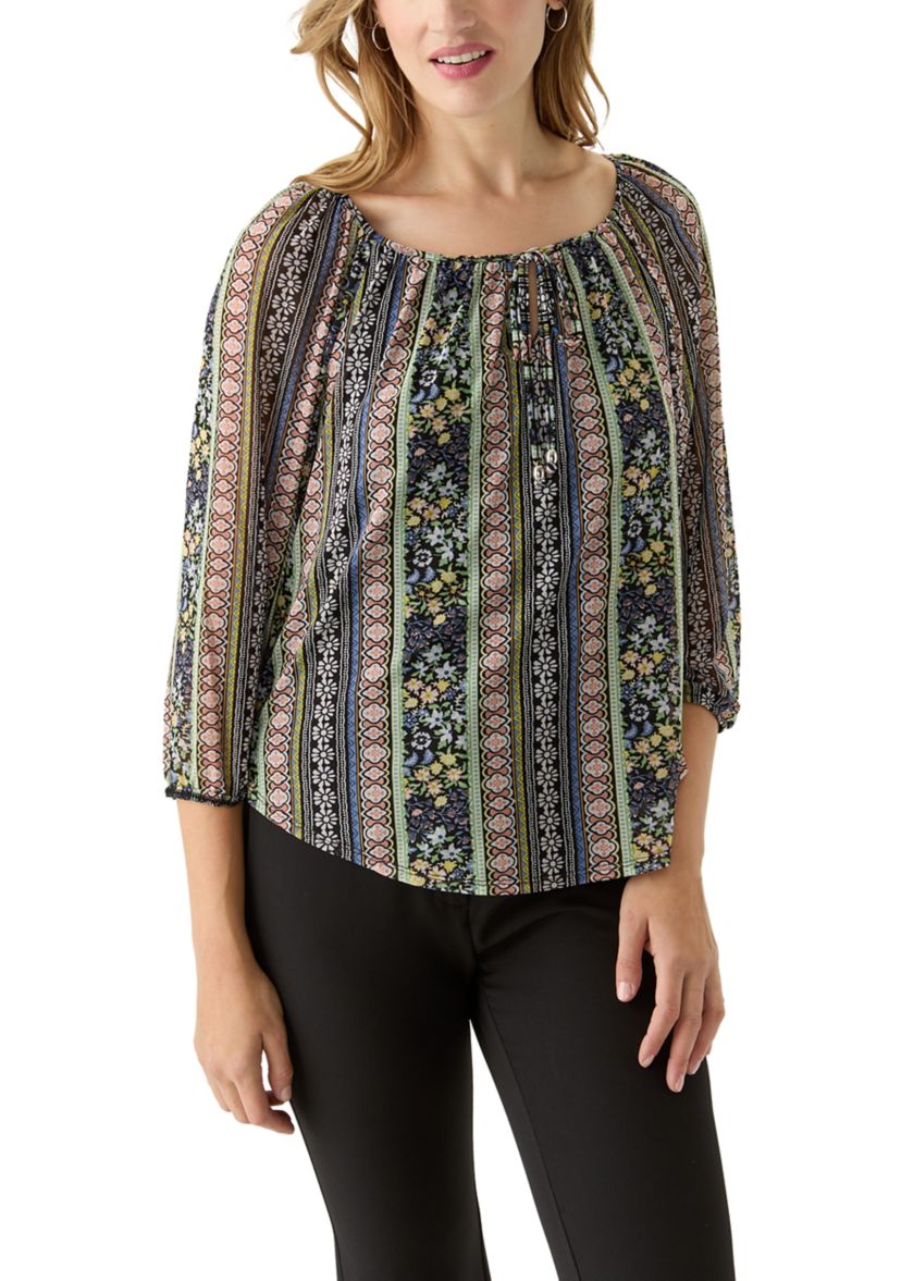 Juniors Mesh Printed Peasant Top