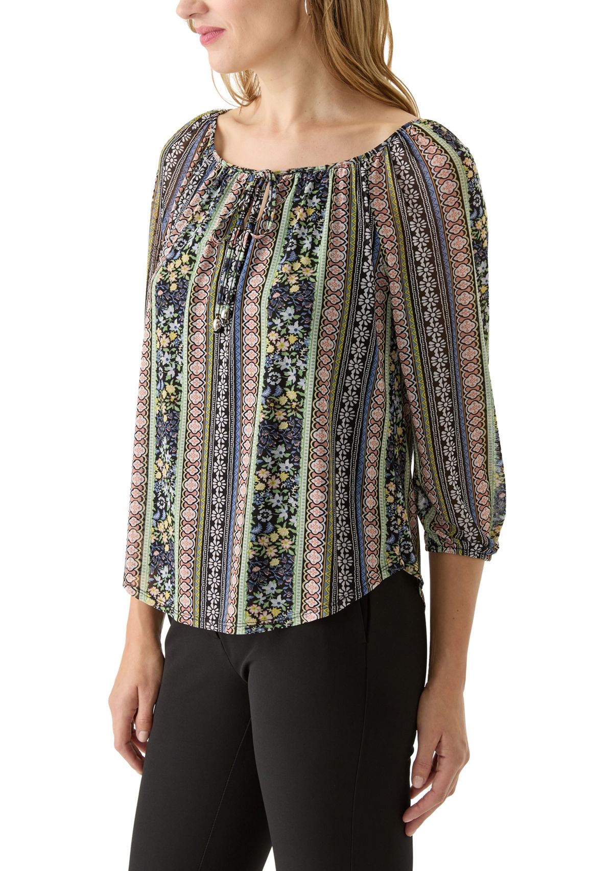 Juniors Mesh Printed Peasant Top
