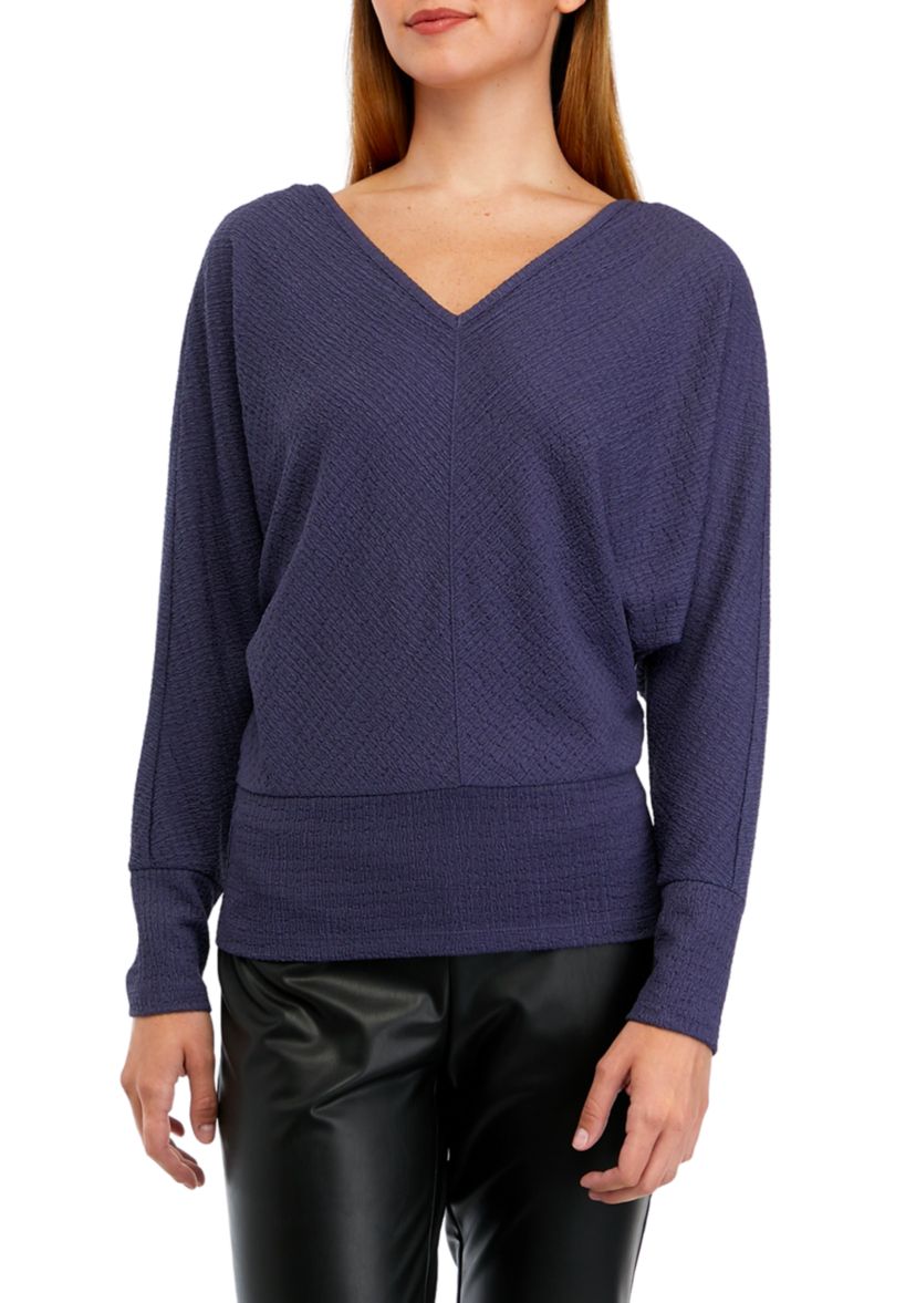 Juniors Long Sleeve Lattice Banded Knit Top
