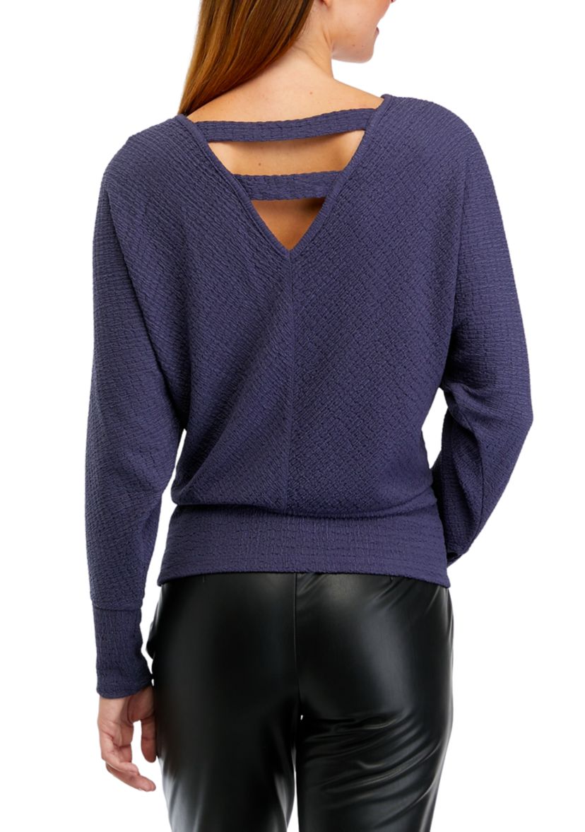 Juniors Long Sleeve Lattice Banded Knit Top