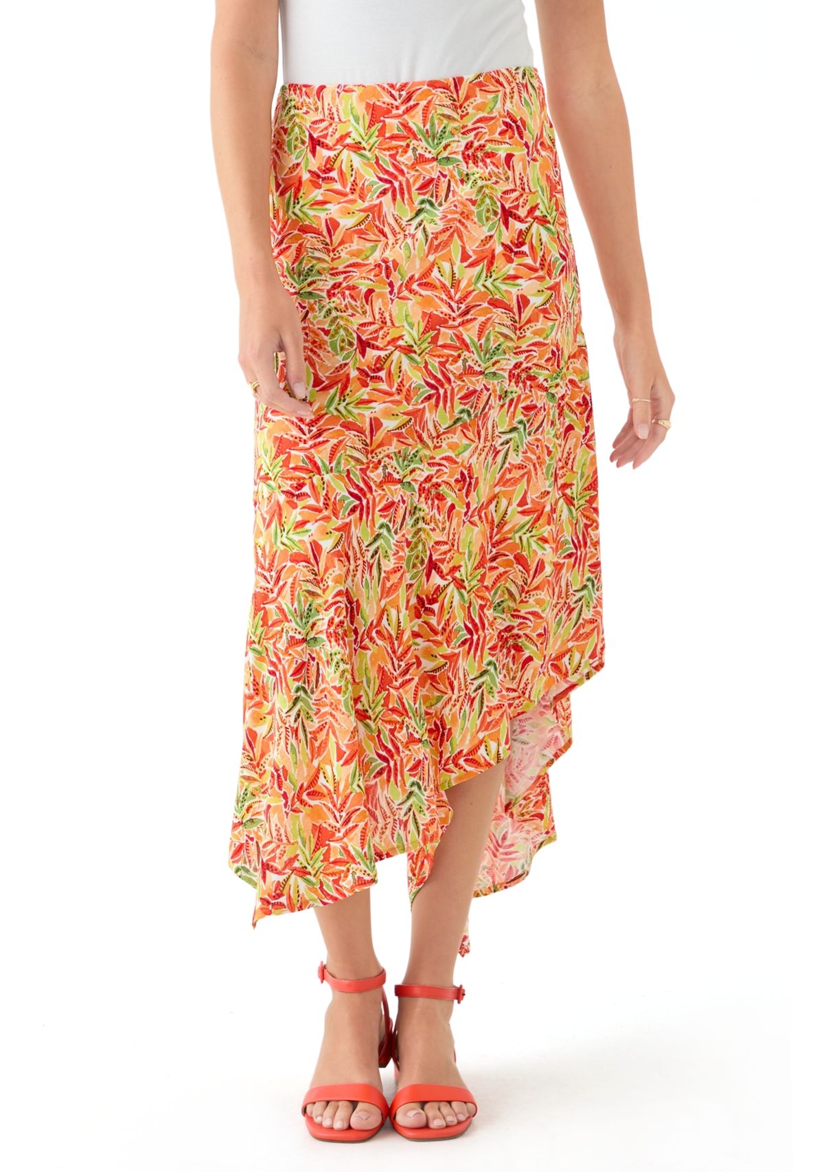 Womens Floral Asymmetrical Midi Skirt 