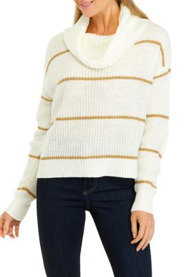 Juniors' Long Sleeve Cowl Neck Metallic Stripe Sweater