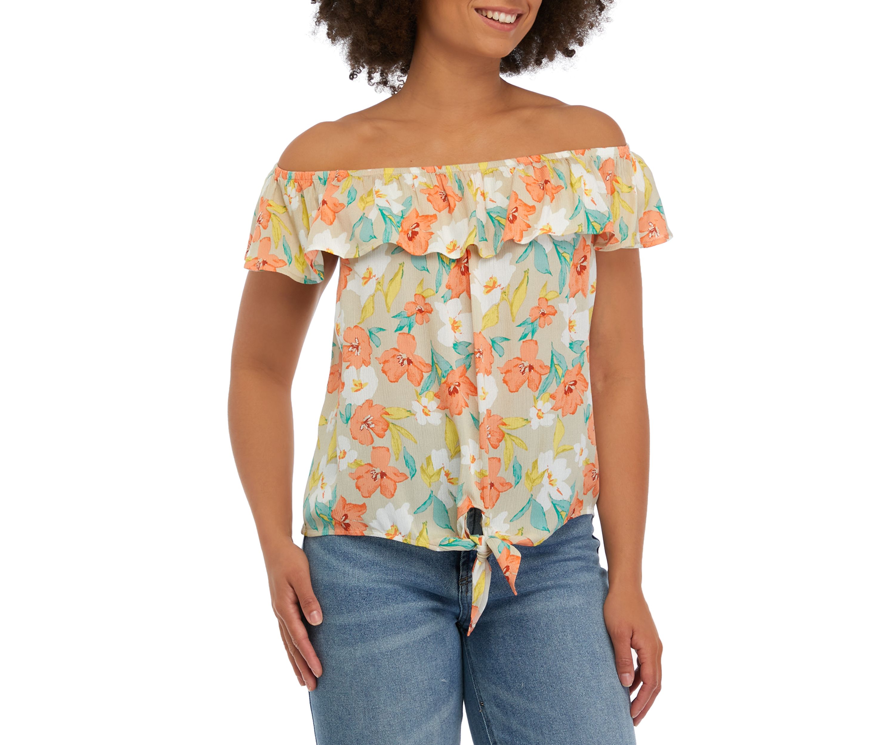 Juniors Printed Off the Shoulder Tie Front Top