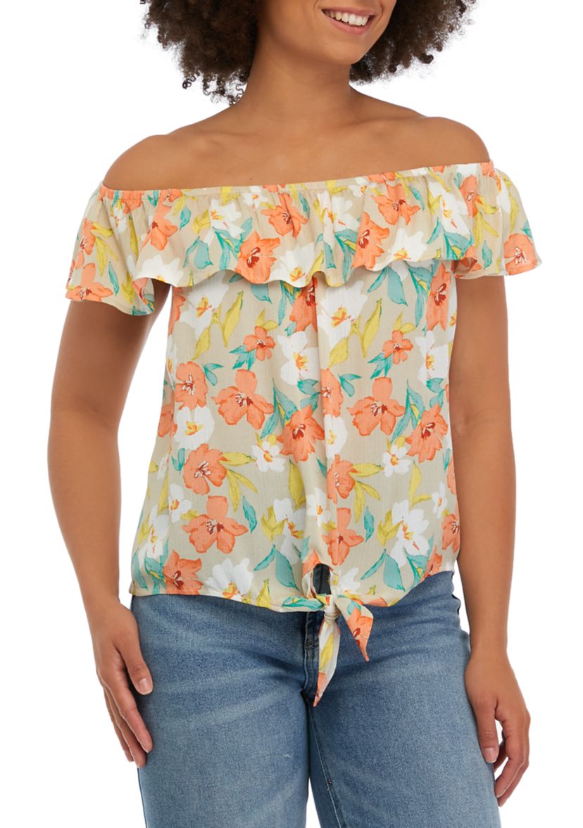 Juniors Printed Off the Shoulder Tie Front Top
