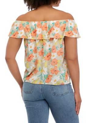 Juniors' Printed Off the Shoulder Tie Front Top