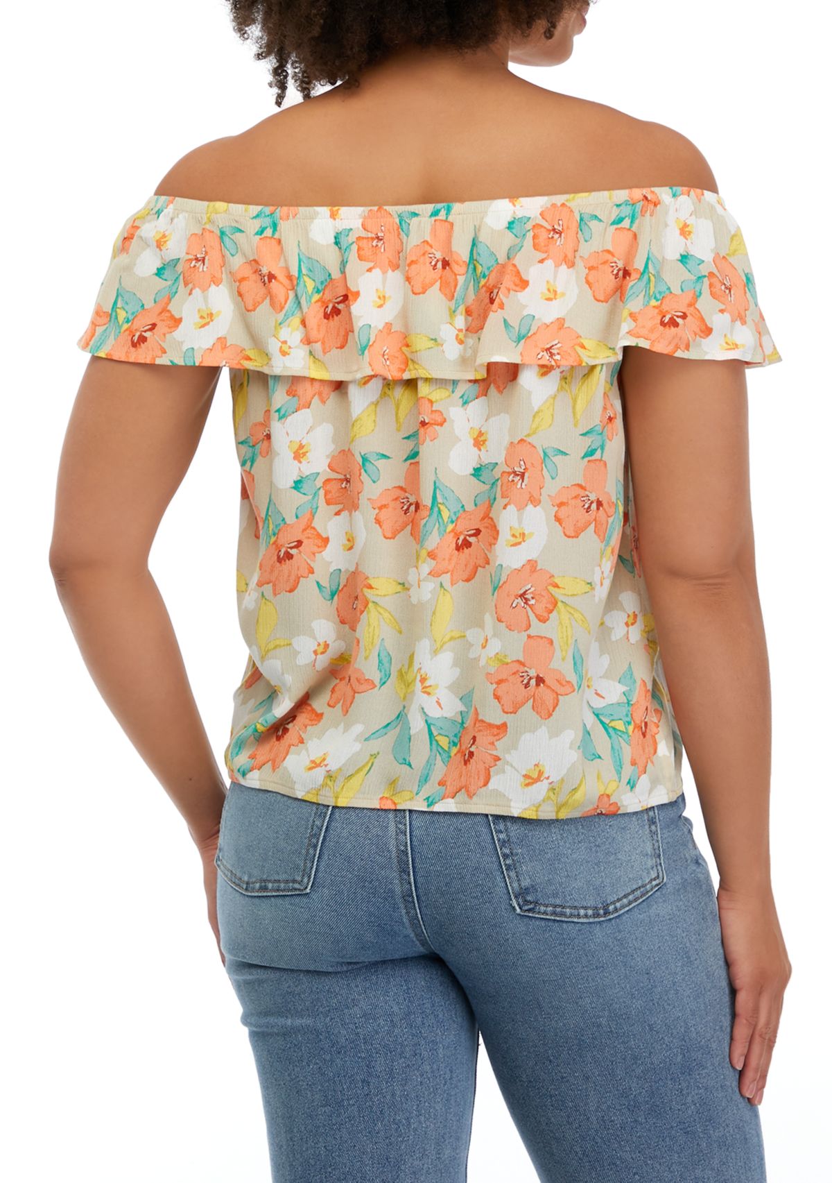 Juniors Printed Off the Shoulder Tie Front Top