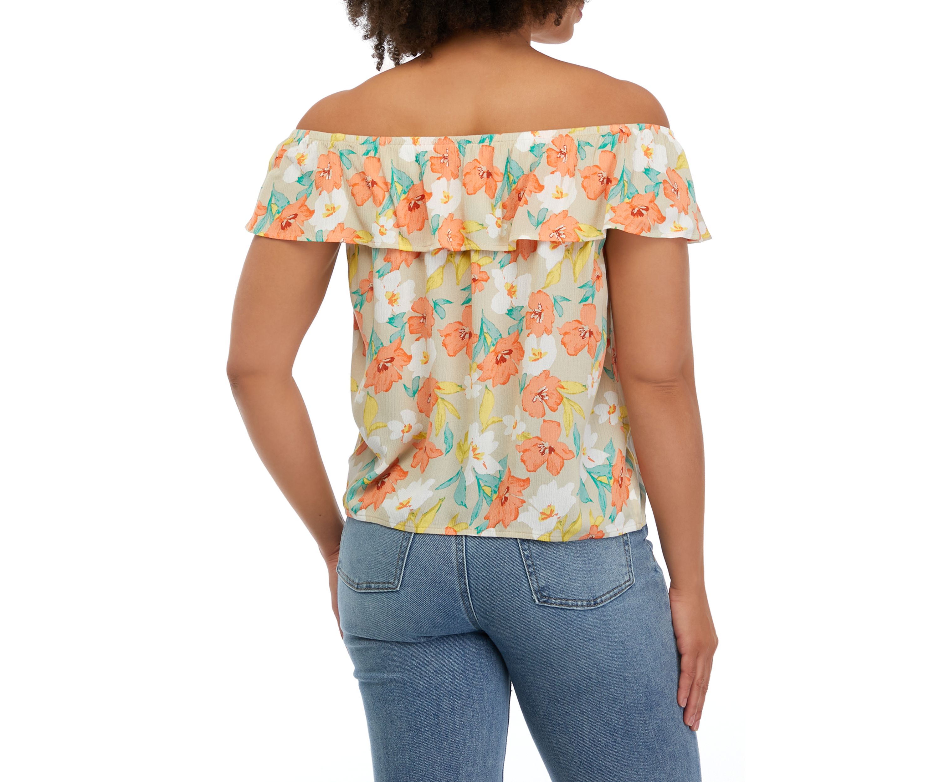 Juniors Printed Off the Shoulder Tie Front Top