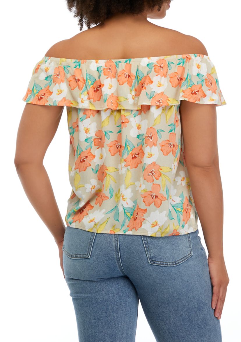 Juniors Printed Off the Shoulder Tie Front Top