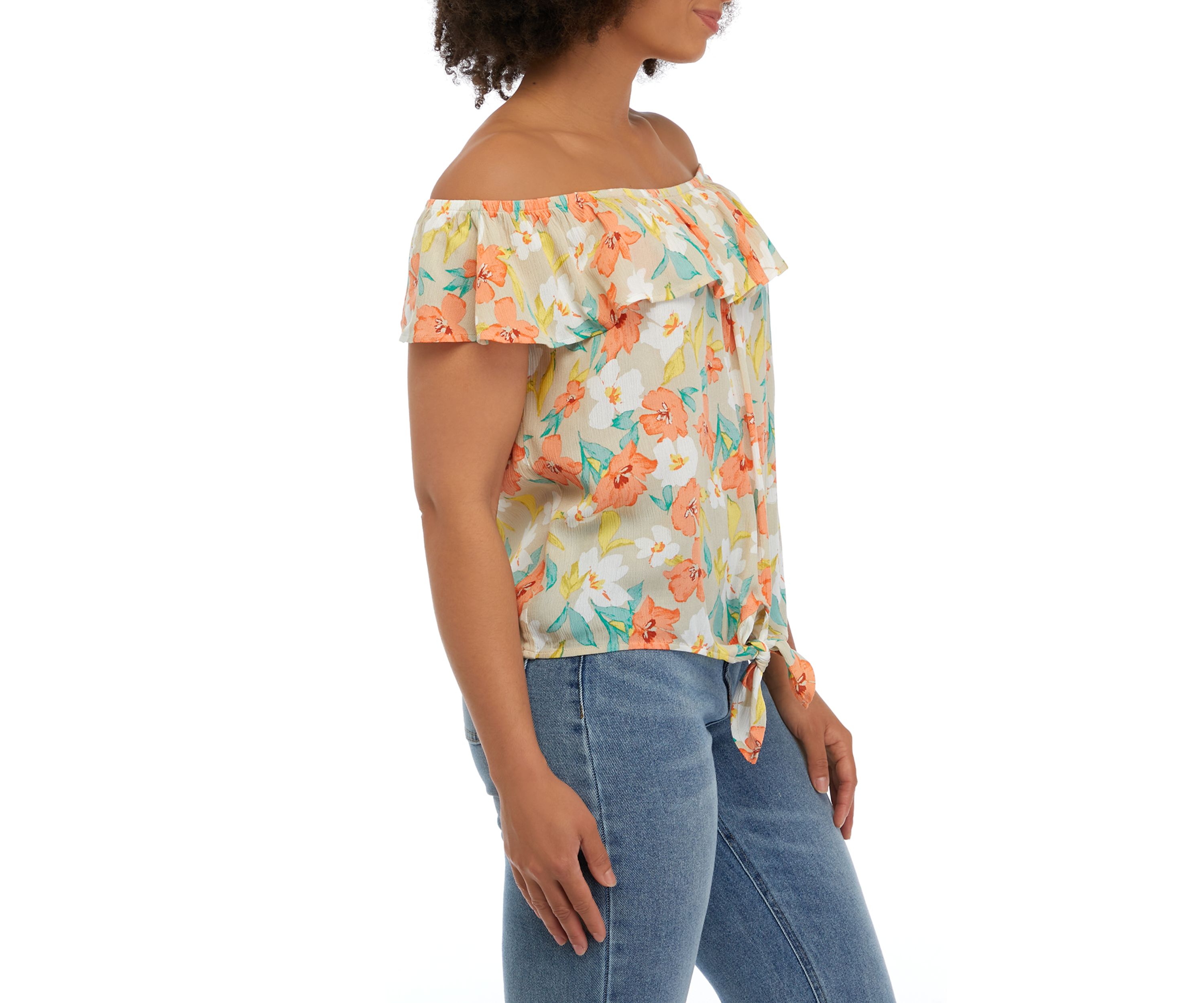 Juniors Printed Off the Shoulder Tie Front Top