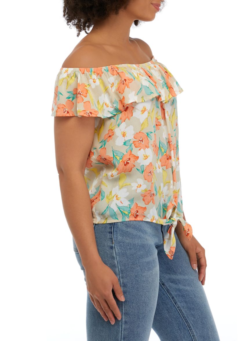 Juniors Printed Off the Shoulder Tie Front Top