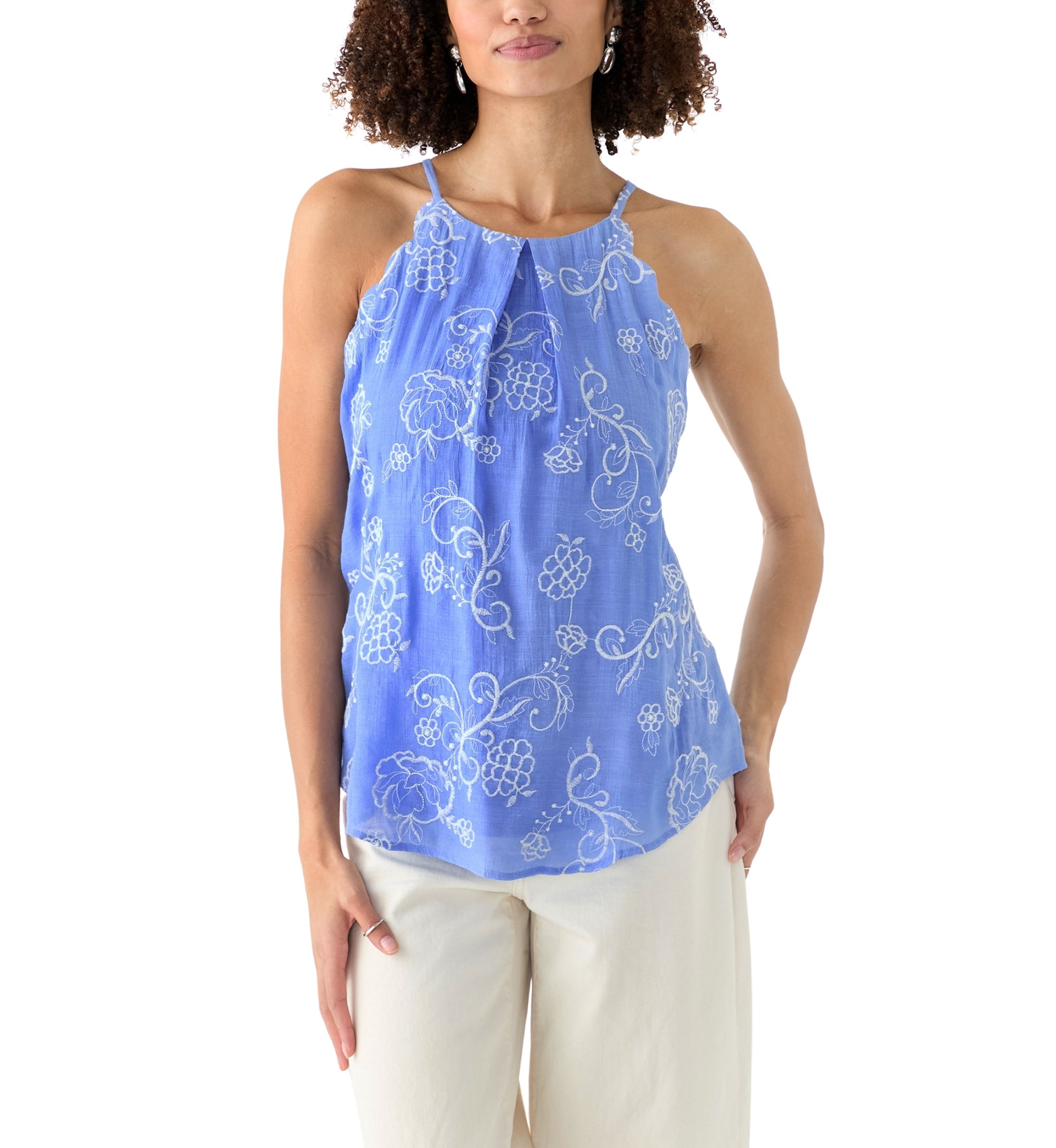 Womens Sleeveless Embroidered Scalloped Edge Trap Top