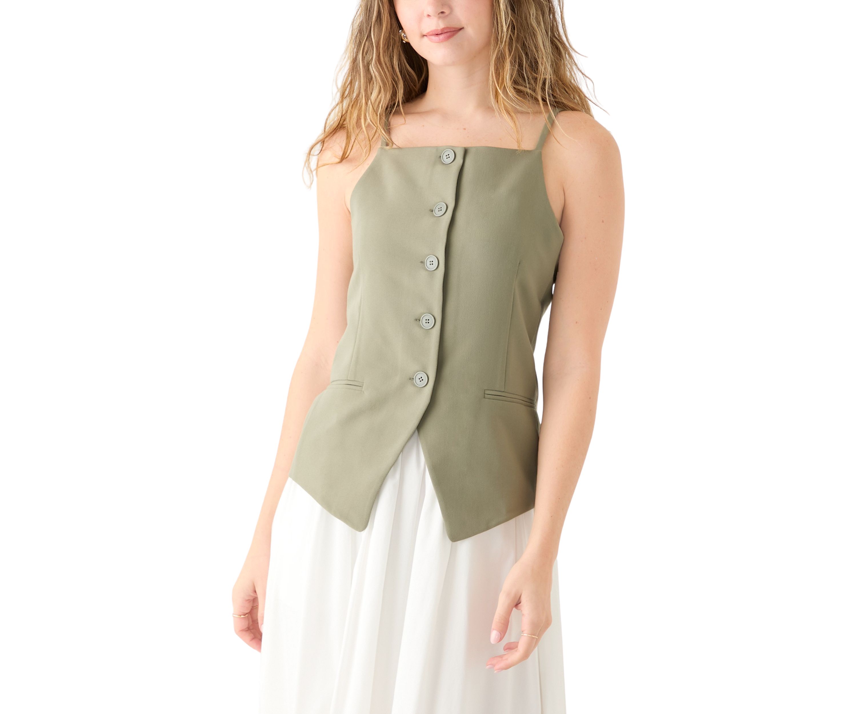 Juniors Sleeveless Button Front Vest Top