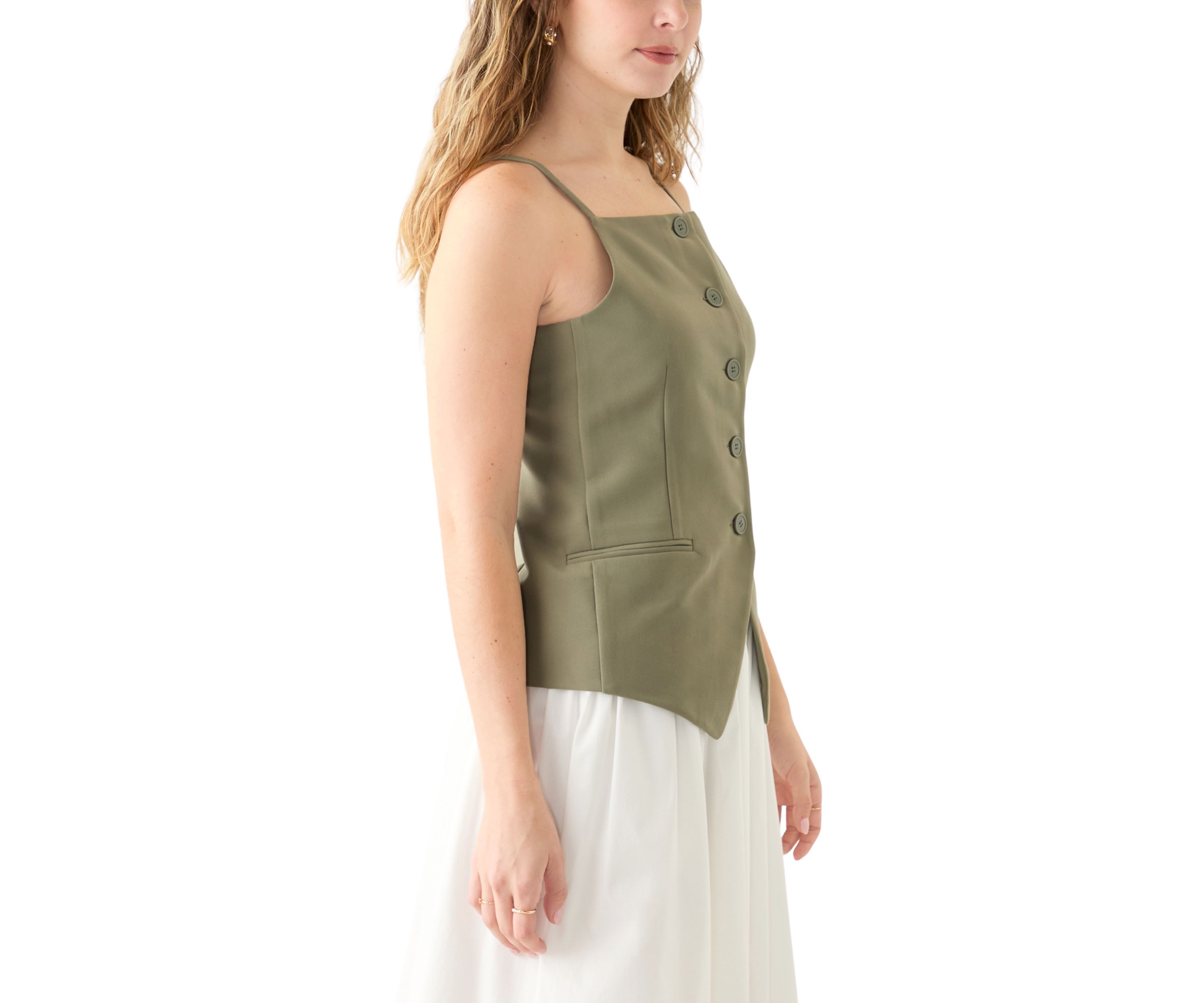 Juniors Sleeveless Button Front Vest Top