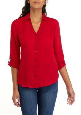 Juniors' 3/4 Sleeve Solid Portofino Button Down Shirt