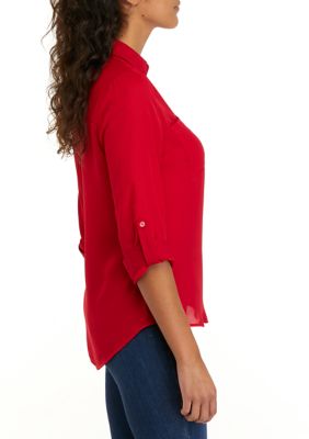 Juniors' 3/4 Sleeve Solid Portofino Button Down Shirt