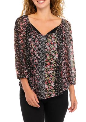 Juniors' Printed Mesh Peasant Blouse