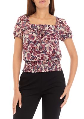 A. Byer Women's Juniors' Short Sleeve Floral Top, XL