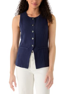 A. Byer Women's Linen Rayon Button Down Top, Navy Blue, Large