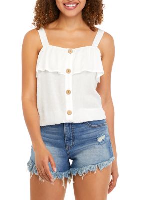 Juniors' Button Front Ruffle Top